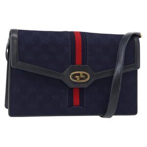 Authentic GUCCI GG Canvas Sherry Line Shoulder Bag Navy Gold Red